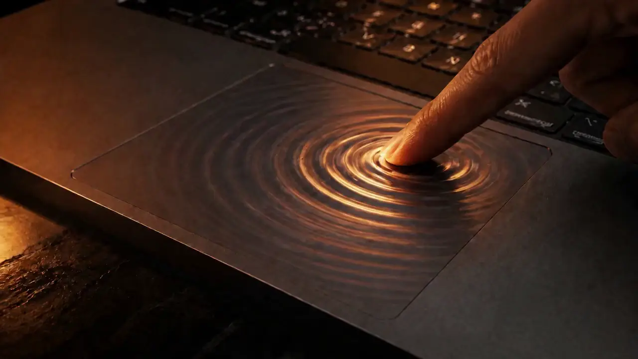 Ujj érinti a laptop érintőpadját, amelyen fénylő hullámok jelennek meg.
