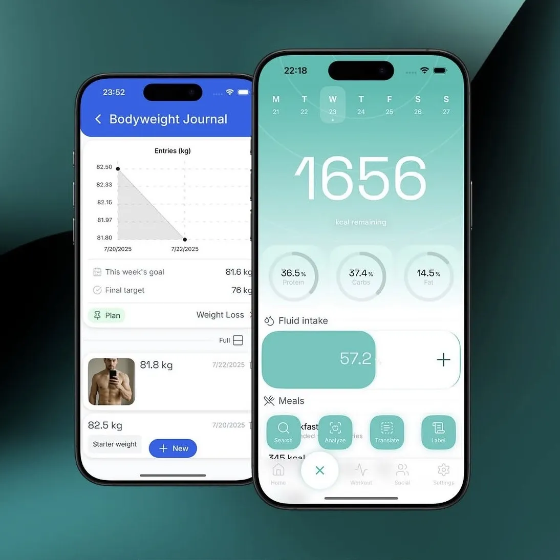 Fitness mobilalkalmazás testsúly- és táplálkozáskövető képernyői