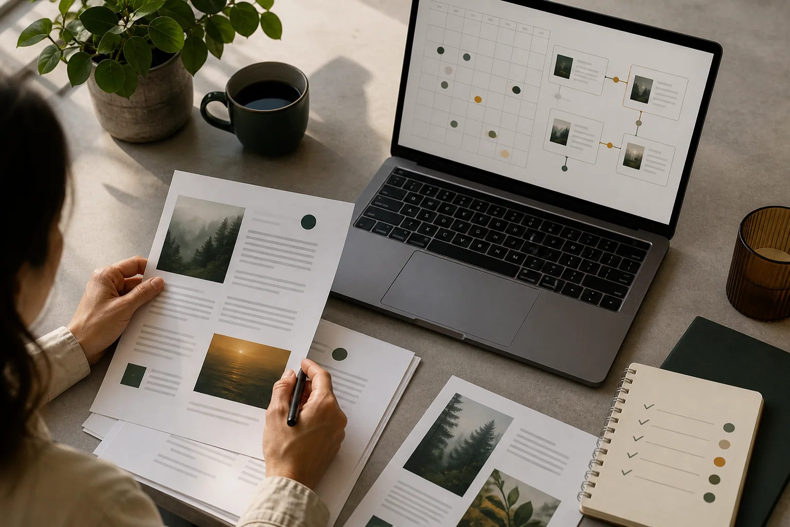 Laptop képernyőjén automatikusan generált blogcikkek listája, íróasztalon jegyzetekkel körülvéve
