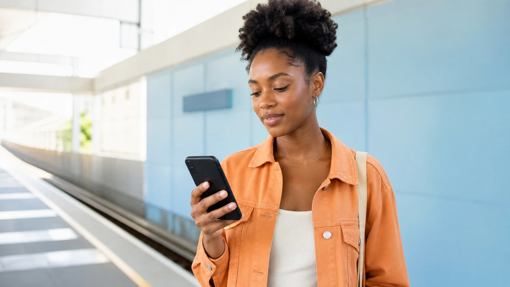 Fiatal nő mobiltelefont használ egy világos metrómegállóban